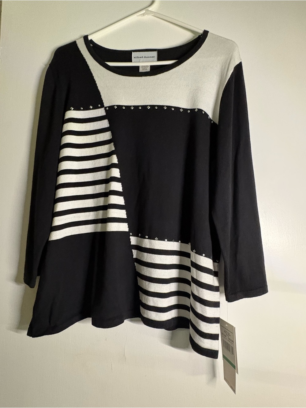 Alfred Dunner Black & White Patchwork Stripe Long Sleeve Top